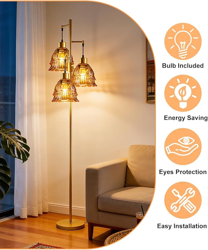 Lightdot 3-Lights Glass Floor Lamp Dimmable Gold Floor Lamps with Brown Glass Shade 3000K Bulbs Included Unique Modern Standing Tall Lamp for Living Room/Bedroom/Sofa Beside/Corner Decor