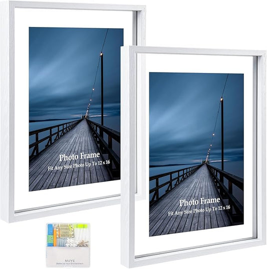 MUYE 12x16 Floating Frame Set of 2,Double Real Glass Photo Frame,Display Any Size Photo up to 12x16,Wall Mount or Tabletop Standing,White