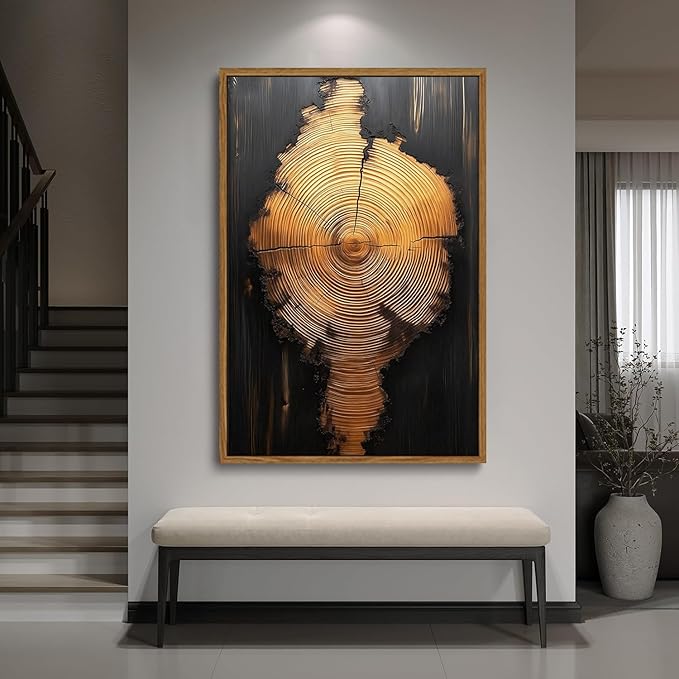 IBHJSART Framed Tree Ring Canvas Wall Art Black And Gold Wall Art Painting Prints Modern Minimalist Pictures Neutral Nature Rustic Farmhouse Decor Living Room Bedroom Bathroom Office