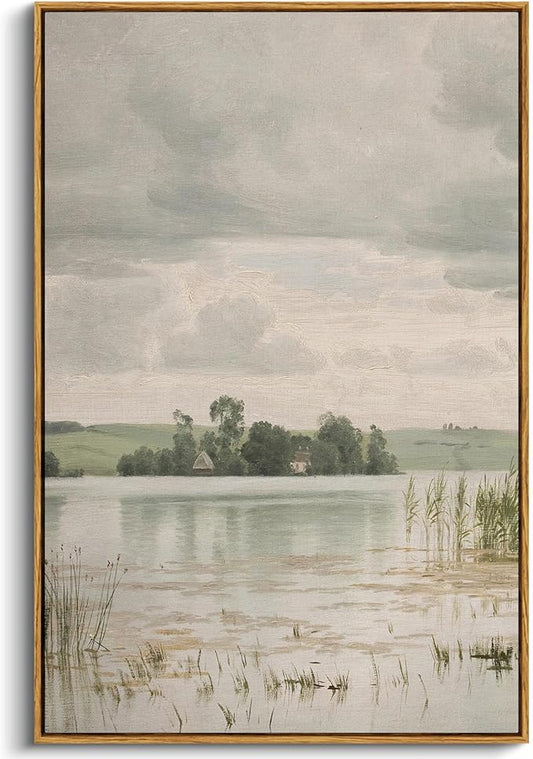 InSimSea Framed Canvas Prints Art Vintage Decor, Countryside Lakeside Landscape Paintings, Large Prints, Retro Hanging Wall Decorations for Bathroom Bedroom Living Room, 24"x36"