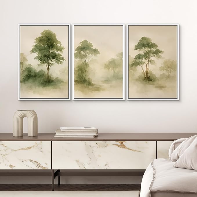 SIGNWIN Framed Canvas Print Wall Art Set Forest Trees Green Nature Landscape Illustrations Modern Art Decorative Nordic Abstract for Living Room, Bedroom, Office - 24"x36"x3 White