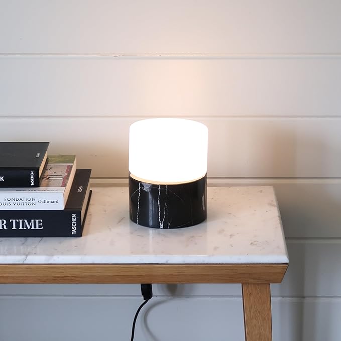 Brightech Zigzag Desk Lamp - Small Dimmable LED Black Marble Table Lamp, Rotatable Frosted Glass Shade, Genuine Stone Natural Unique Desk Light for Office, Bedside, Nightstand, Living Room, Entryway
