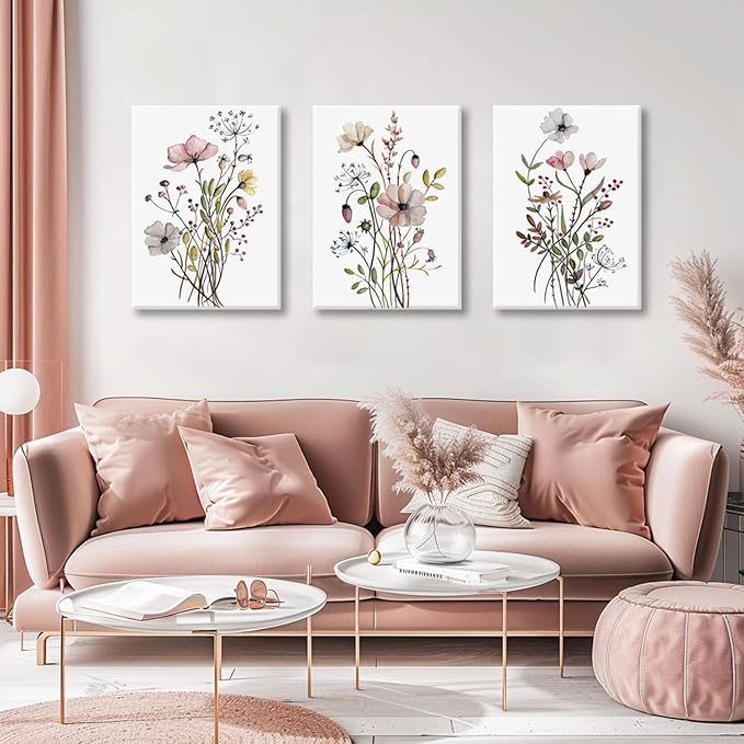 Bwodke Framed Wildflower Canvas Wall Art Pink Watercolor Botanical Floral Poster Prints Set of 3 Modern Minimalist Flower Pictures Home Decor Painting Bedroom Bathroom Living Room 16"x24"