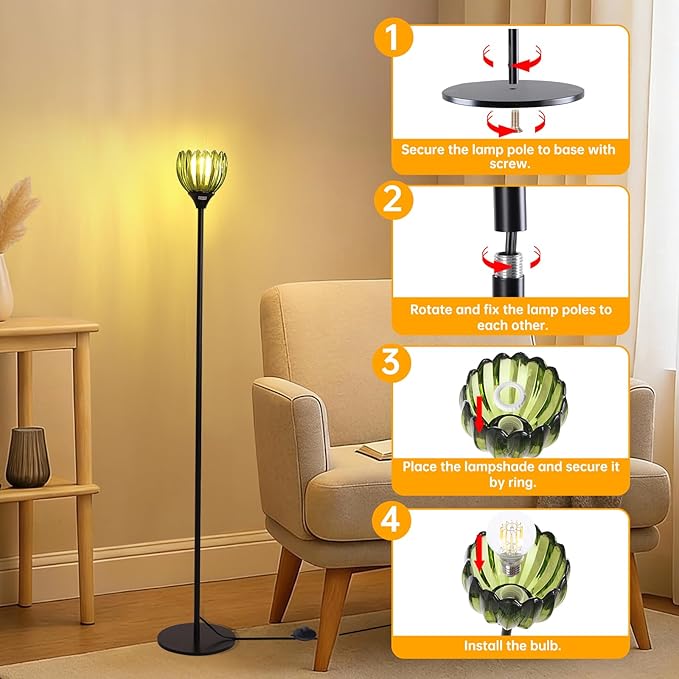 Floor Lamps for Living Room, Bedroom, Black Standing Lamp with 12W Bulb, Vintage Floor Lamp for Reading, Nursery, Corner (Green Tulip)