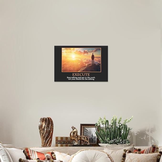 UZMKM - Inspirational Canvas Wall Art, EXECUTE Mindset Quotes Picture Prints, Success Framed Company Watching Sunrise Poster, Positive Quotes Wall Painting for Home Office Workplace 12x18 Inch