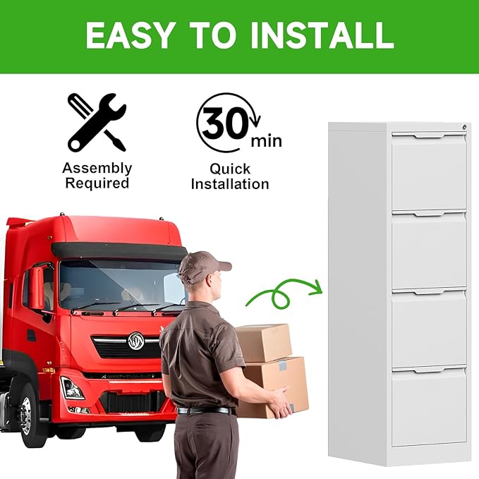 4 Drawer File Cabinet with Lock,Metal Vertical Filing Cabinets for Home Office,Heavy Duty File Storage Cabinet for Letter/Legal/A4/F4 Size File,Easy to Assemble,Black,White
