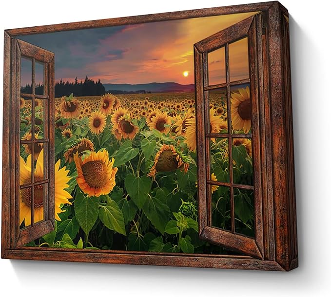 Parylore Sunflower Wall Art Canvas Print Wall Decor Sunflower Field Sunset Landscape On Wood Window Painting Framed Modern Artwork for Living Room Bedroom Bathroom Office Home Decor 16x20 In