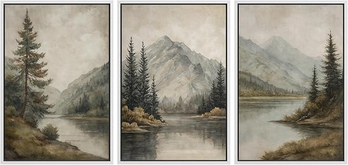 MUDECOR Framed Wall Art Print Set Mountain Landscape Nature with Trees, Lake, and Mountains, Rustic Illustrations Modern Art Decorative Colorful for Living Room, Bedroom, Office - 24"x36"x3 White
