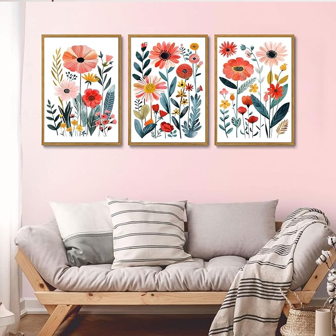 KISSFOX Framed Colorful Wildflower Canvas Wall Art Set Of 3 Flowers Pictures Prints Flowers Printing Floral Watercolors Flower wall Decor Living Room Girls Bedroom Bathroom