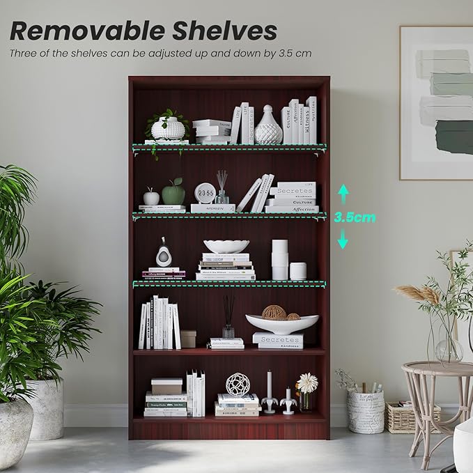 Bookcase Adjustable Storage Shelves,5-Tier Modern Wood Bookcase for Bedroom,60-Inch Bookshelf, Office, Living Room & Library(Mahogany)