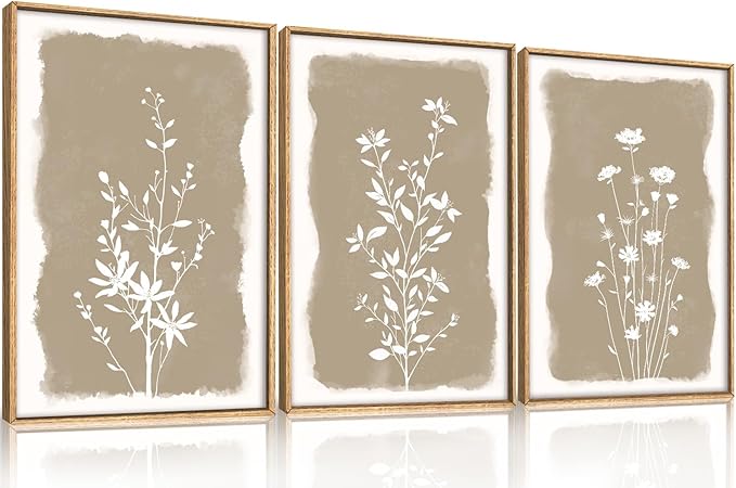 Large Netural Minimalist Wildflowers Framed Canvas Wall Art Set,Vintage Natural Floral Wall Decor,Modern Boho Beige Flower Botanical Artwork for Living Room,Bedroom,Office-16 x24 x3
