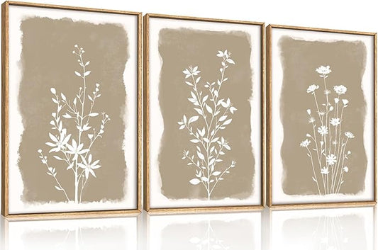 Large Netural Minimalist Wildflowers Framed Canvas Wall Art Set,Vintage Natural Floral Wall Decor,Modern Boho Beige Flower Botanical Artwork for Living Room,Bedroom,Office-16 x24 x3