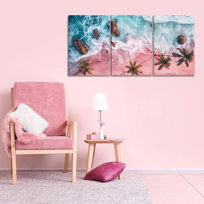 3Pcs Pink Beach Canvas Wall Art Tropical Coastal Palm Trees Wall Decor Pictures Preppy Ocean Wave Landscape Posters Prints for Living Room Bedroom Teen Girls Room Artwork Home Decoration Unframed