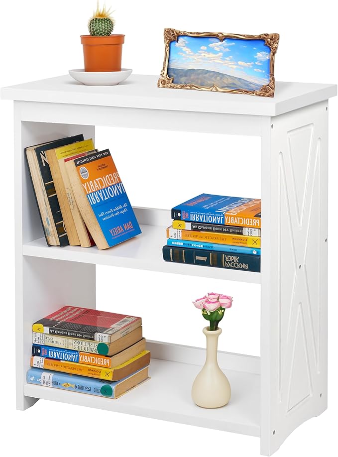 Natural Wood Bookshelf, 3 Tier Bookcase, Freestanding Display Storage Shelves Open Bookshelf for Bedroom, Living Room and Office (Brown, Open Table) (White, Table Open)