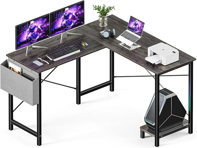 Sweetcrispy L Shaped Desk Computer Gaming Corner Table 51 Inch Home Office Writing Student Work PC Workstation with Side Storage Bag CPU Stand for Bedroom Small Spaces