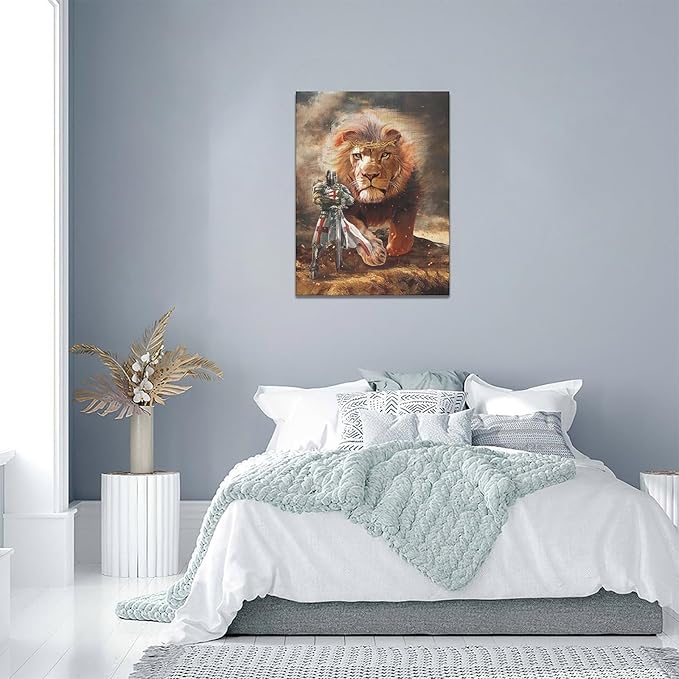 yerretin Christian Lion Of Judah Wall Art Lion Warrior Pictures Wall Decor Religious Knight Canvas Painting Home Decorations Artwork for Bathroom Bedroom Living Room Office Framed 12"x16"
