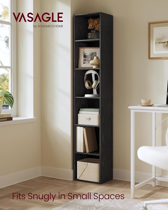 VASAGLE Custos Collection - Bookshelf, 6-Tier Bookcase, Book Shelf, Open Storage Shelf, 9.4 x 11.9 x 63.3 Inches, for Living Room, Home Office, Dinning Room, Ebony Black ULBC411B01