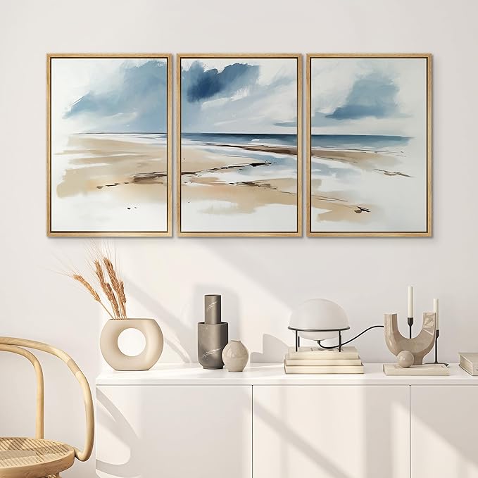 SIGNWIN Framed Canvas Print Wall Art Set Coastal Beach Horizon Blue and Tan Seascape Illustrations Modern Art Decorative Boho Relax/Zen Nordic for Living Room, Bedroom, Office - 24"x36"x3 Natural