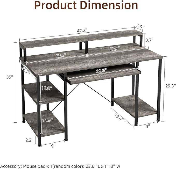 VERMESS Computer Desk- 48 Inch Home Office Desk with Keyboard Tray, 47" Gaming Desk with Full Monitor Stand & Storage Shelves & CPU Stand, Modern Study Writing Table with Shelf for Storage, Gray Oak