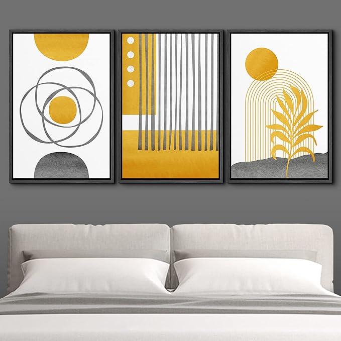 IDEA4WALL Framed Canvas Print Wall Art Set Geometric Mid-Century Gold Jungle Plant Polygons Abstract Shapes Illustrations Modern Art Nordic for Living Room, Bedroom, Office - 24"x36"x3 Black