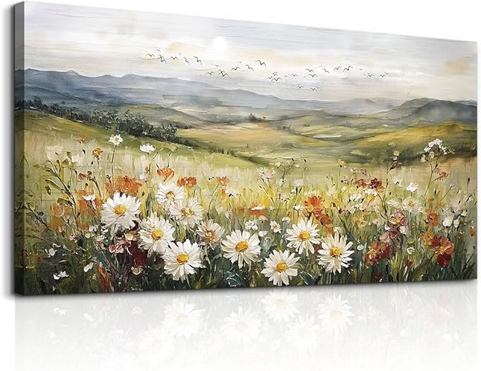 FUHAIHUA Large Framed Wall Decor For Living Room Canvas Wall Art For Office Farmhouse Wall Decorations For Bedroom Prairie Flowers Landscape Paintings Modern Pictures Artwork Home Decor 24" x 48"