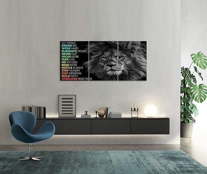 Office Wall Decor 3 Panels Inspirational Lion Canvas Wall Art Motivational Entrepreneur Quote Canvas Print Paintings Posters Artwork Living room Home Decor Framed Ready to Hang[60''Wx 28''H]