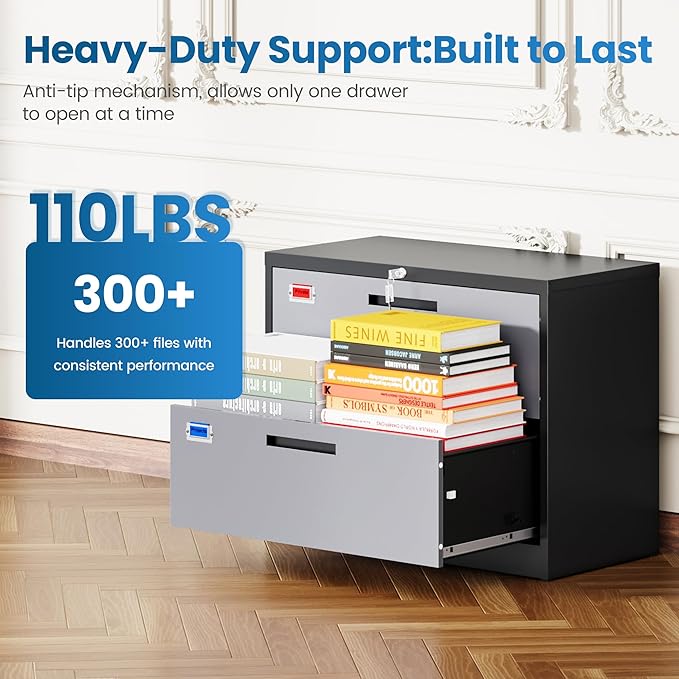 2 Drawer File Cabinet, Lateral Filing Cabinets for Home Office, Office Storage Drawers with Lock, Hanging Files Legal/Letter A4 Size (Assemble Required,Black Grey)