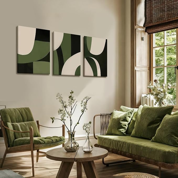 NCCXNCC 3-Pcs Abstract Geometric Canvas Wall Art in Green and Beige Line Artwork Paintings Minimalist Posters Print Medieval Modern Pictures Living Room Bedroom Office Wall Decoration 16x24 inch