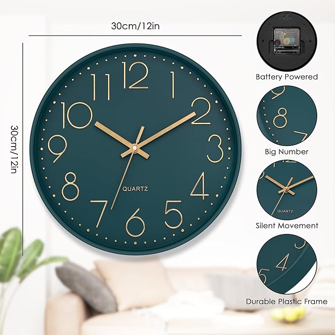 Lumuasky Wall Clock,Battery Operated Modern Analog Silent Non-Ticking Decorative Emerald Clock for School Office Classroom Bedroom Kitchen Living Room Nursery Decor (12 inch)