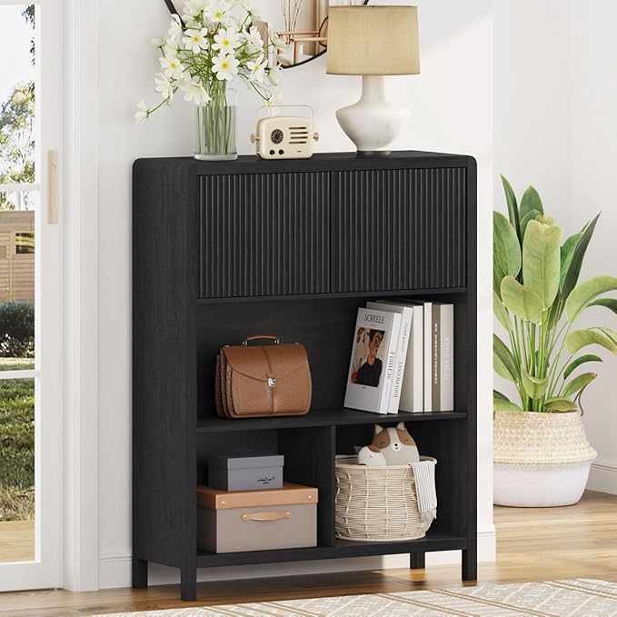 FATORRI Small Bookshelf with Storage, Wooden Cube Bookcase with Doors, Cube Storage Organizer for Home Office, Bedrooom, Living Room (Black)