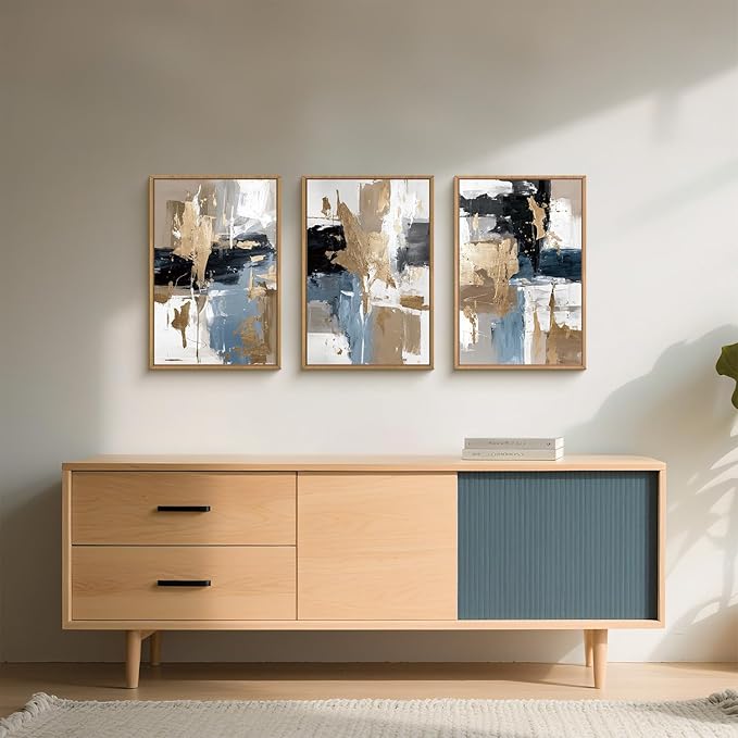 KAIRNE Blue Abstract Neutral Wall Art Set of 3, Modern Minimalist Framed Canvas Art, Textured Watercolor Wall Decor,Gold, Brown, Gray Tan, Black for Living Room, Bedroom, Office 24x36 Inch