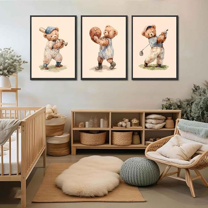 Teddy Bear Sports Nursery Animal Wall Art Cute Woodland Rugby Wall Decor Pictures Vintage Basketball Baseball Kids Room Canvas Poster Prints for Boys Room Bedroom Decorations (16x24in Unframed)
