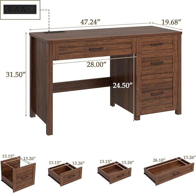 Vabches Farmhouse 47" Executive Desk, Computer Desk with File Drawer and Charging Station, Workstation for Home Office, Study.Red-Brown.