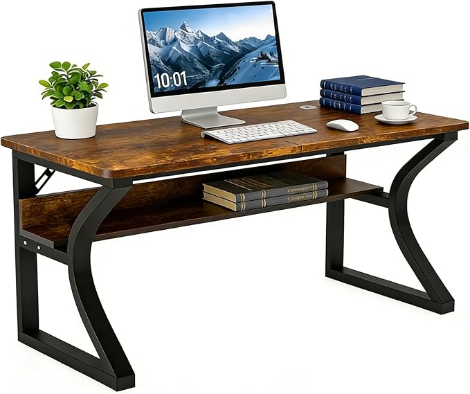 47 inch Computer Desk, Home Office Desk with Storage Shelf, Sturdy U-Shaped Metal Frame Study Table with Cable Management, Gaming Desk for Office & Bedroom