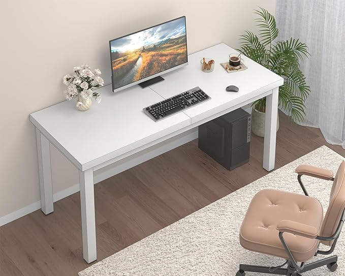 Modern 47 Inch Wood Computer Desk with Thick Desktop - Gaming, Writing Table for Home Office, Study, Work, Student & School Use, Simple Style, White