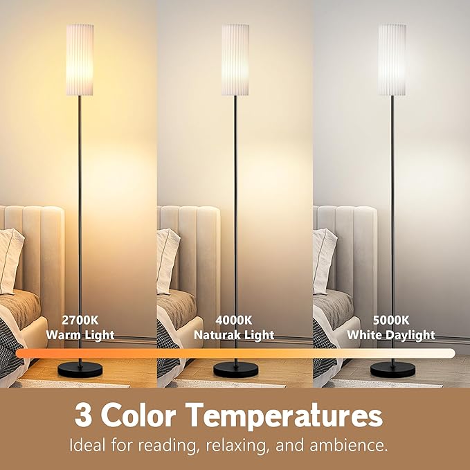 68" Modern Floor Lamp with 3 Color Temperatures, Foot Switch, Linen Shade & Black Metal Pole – Tall Standing Lamp for Living Room, Bedroom, or Office – LED Bulb Included, Easy Assembly (White)