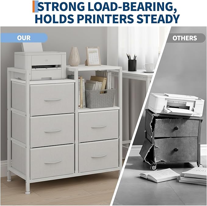 Garvee 5 Drawer Mobile File Cabinet with Open Storage Shelf, Rolling Printer Stand and Fabric Lateral Filing Cabinet for Home Office, Fits A4 or Letter Size Files, White