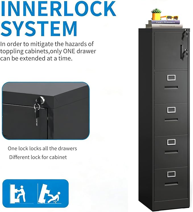4 Drawer Filing Cabinet with Lock and Card Slot, Vertical Locking File Cabinet with Doors for Home Office, Small Metal File Cabinets for Legal Letter File Folders, Assembly Required
