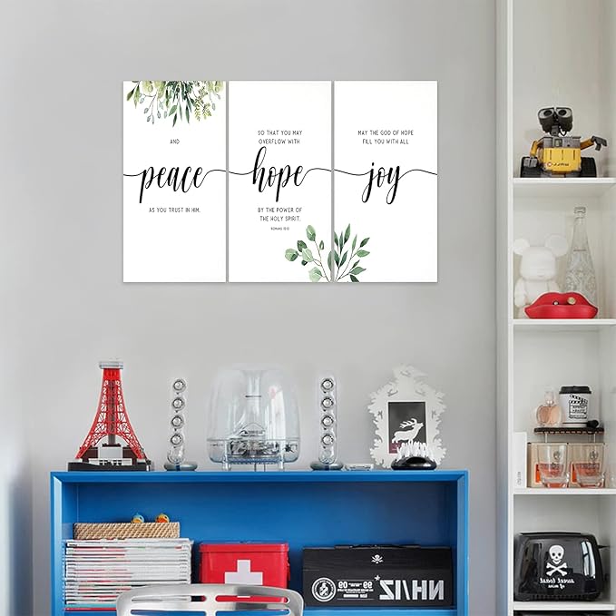 3 Piece Inspirational Wall Art, White Plants Background Picture, Quotes "Peace Hope Joy" Canvas Print for Home Decor, Triptych Motivational Poster Framed Artwork for Classroom Wall Decor (36"Wx18" H)
