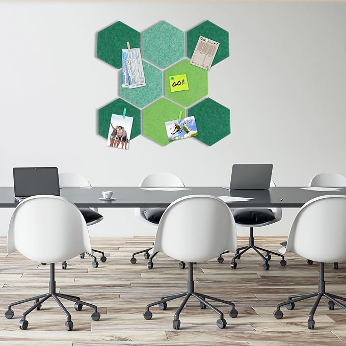 8 Pcs 12" Large Hexagon Felt Cork Bulletin Board Tiles Self Adhesive DIY Pin Board with 50 Push Pins and 10 Colored Clips, Wall Decor for Office Home Kitchen Photos Memos(Green)