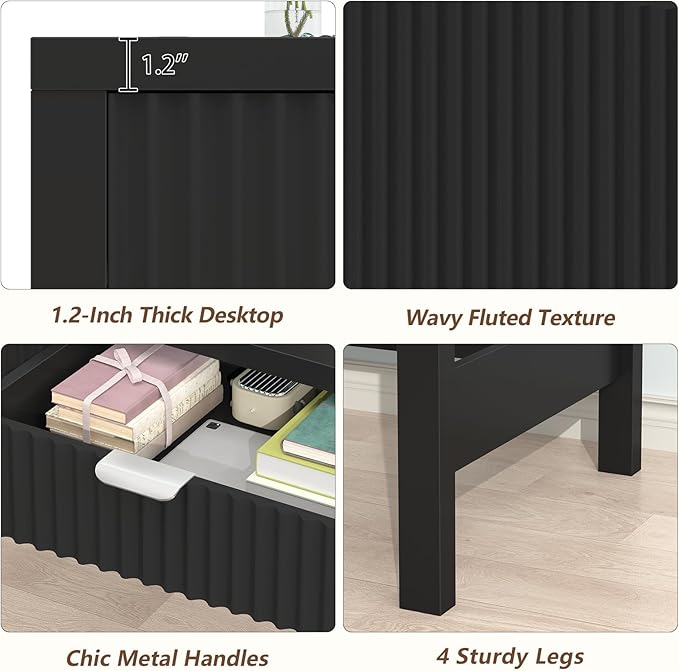 Fluted Computer Desk with 2 Drawers, 39 Inch Small Computer Desk with Storage, Compact Writing Study Desk for Small Spaces, Black