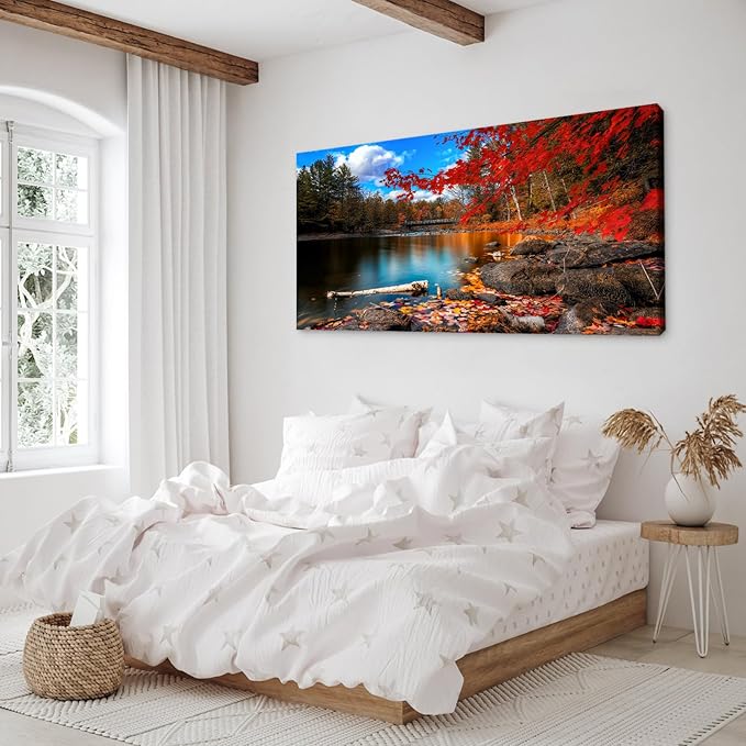 DZL Art S72698 Nature Wall Art Canvas Artwork Lake Mountain Red Maple Leaf National Park Nature Pictures for Living Room Bedroom Office Wall Decor Home Decoration
