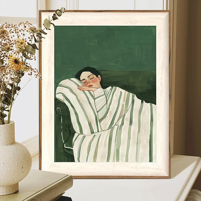 ASTRDECOR Minimalist Framed Wall Art - Cozy Woman Sleeping on Couch, Emerald Green & White Striped Blanket, Modern Aesthetic Bedroom or Living Room Décor, Eclectic Canvas Art Prints for Apartment 12x16Inch