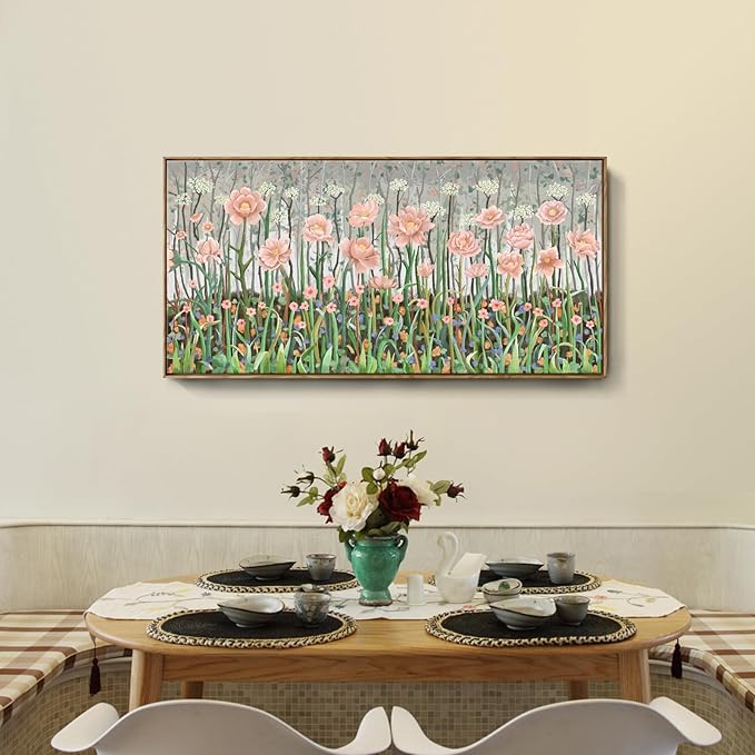amatop Extra Large Modern Floral Wall Art: Framed Abstract Botanical Print in Pink & Green, Ready-to-Hang for Living Room, Bedroom, Office Decor (48x24 in)