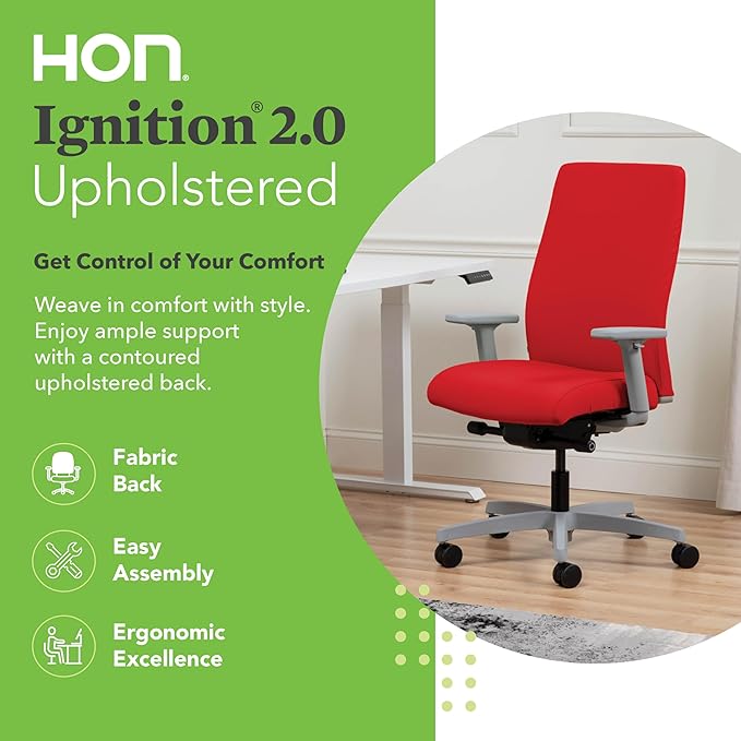 HON Ignition 2.0 Fabric Office Chair, Upholstered, Adjustable Arms, Advanced Synchro-Tilt Recline Executive Ergonomic Office Chair, Titanium Frame, Ruby