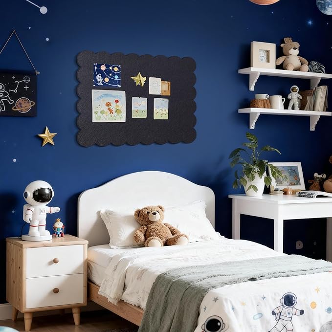 Scalloped Bulletin Board, 36 x 24 Inches Felt Pin Board - Decorative Cork Alternative for Wall, 3' x 2' Foldable Picture Self-Adhesive Vision Prayer Board with 20 Pushpins - Black