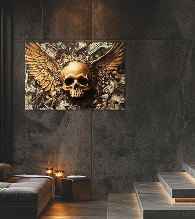 Money Wall Art Skull Stacked Dollar Posters Wall Decor Wealth and Death Concept Canvas Artwork Suitable for Gothic Style Home Living Room Bedroom Ready to Hang 24x36inch
