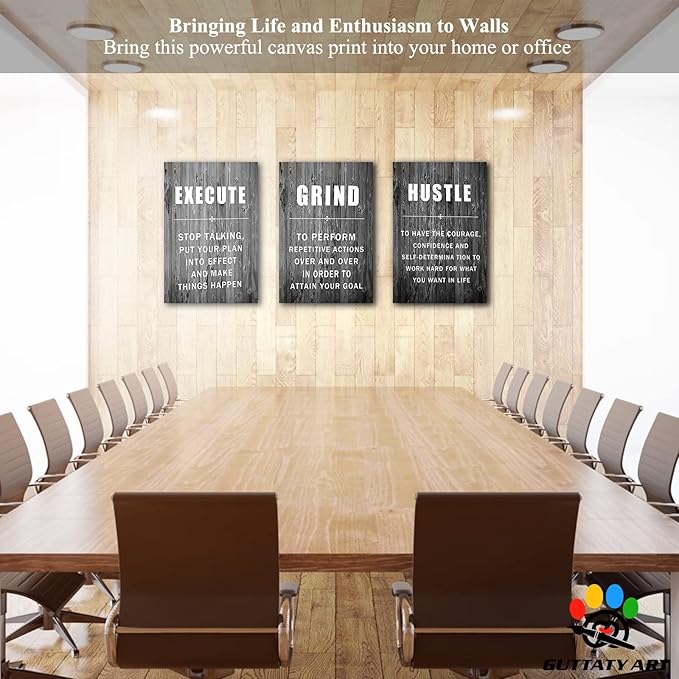 Office Wall Art - 3 Panel Motivational Wall Art, Inspirational Quotes Canvas Art for Home Office Wall Decor, Positive Quotes Wall Decor, Entrepreneur Grind Hustle Execution Poster Frame (20”x30”x3Pcs)