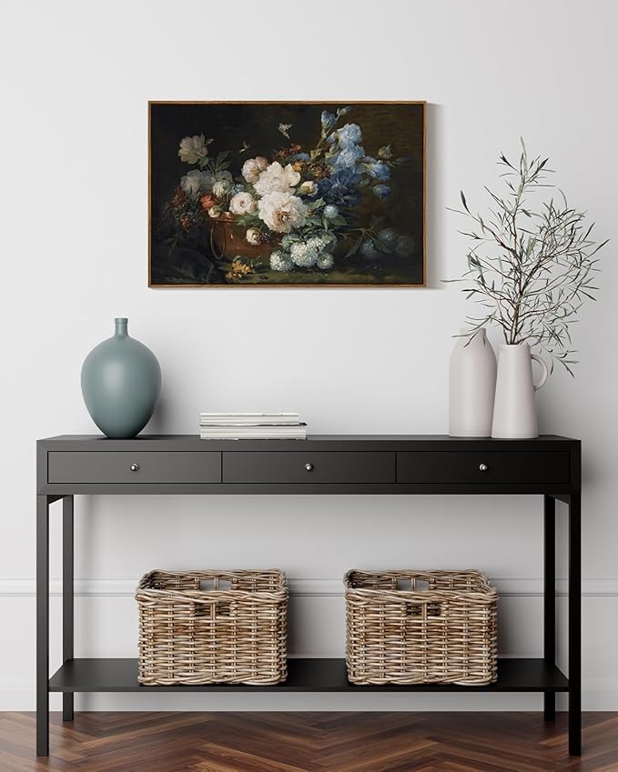 ARPEOTCY Vintage Framed Canvas Wall Art, Bathroom Floral Hydrangea Peonies Pictures Retro Wall Decor, Large Prints, Bedroom Living Room Flower Paintings Farmhouse Moody Artwork, 20x30 Inch