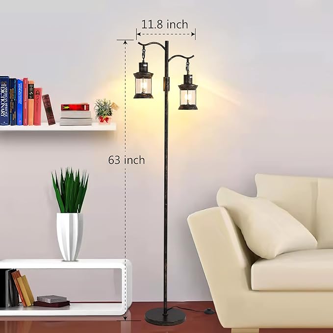 Vintage Dimmable Floor Lamp,2 Classical Lanterns Standing Lamp, Rustic Farmhouse Floor Lamp with Bronze Gold Finish, for Living Room Bedroom (Bronze)